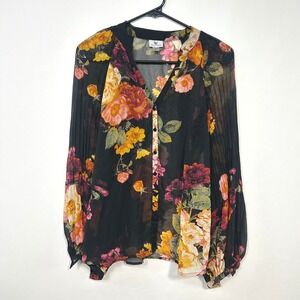 Black Sheer Floral Blouse S Chiffon Long‎ Sleeve Dark Romantic Going Out
